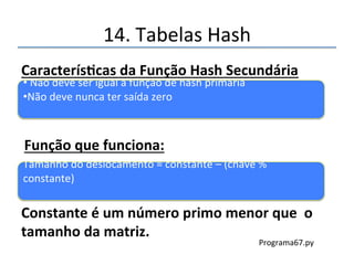 14.'Tabelas'Hash' 
DuploHashing 
Evita'clusters'primários'e'secundários.'Fazendo'um'hash'pela' 
segunda'vez'com'uma'diferente'função'hash.' 
''' 
 