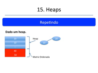 15.'Heaps' 
''' 
Que'é'igualmente'preenchido.' 
Dadoumheap.' 
30' 
10' 
20' 
40' 
'50' 
30' 
10' 
20' 
Heap' 
Matriz'Ordenada' 
 