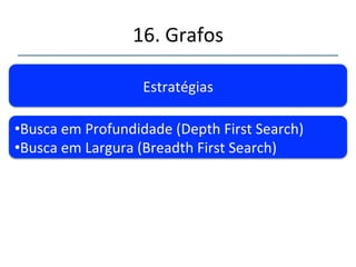 16.'Grafos' 
''' 
'' 
Busca'em'Grafos' 
Visitar' os' vérces' seguindo' uma' estratégia' 
específica.' 
 
