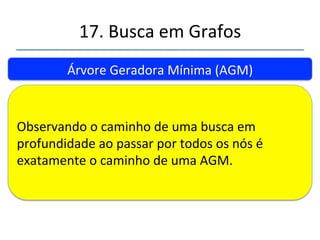 17.'Busca'em'Grafos' 
''' 
'' 
Árvore'Geradora'Mínima'(AGM)'' 
(Minimum'Spanning'Tree)' 
Para'sua'determinação'podense'usar'tanto'a'busca' 
em'largura'como'em'profundidade.' 
A' 
B' C' 
D' E' 
A' 
B' C' 
D' E' 
 
