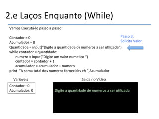 2.e'Laços'Enquanto'(While)' 
Vamos'Executánlo'passo'a'passo:' 
' 
Contador'='0'''''''''''''''''''''''''''''''''''''''''''' 
Acumulador'='0'''''''''''''''''''''''''''''''''''''''' 
Quan>dade'='input(“Digite'a'quan>dade'de'numeros'a'ser'u>lizada”)' 
while'contador'<'quan>dade:' 
'numero'='input(“Digite'um'valor'numerico'“)' 
'contador'='contador'+'1' 
'acumulador'='acumulador'+'numero' 
print''“A'soma'total'dos'numeros'fornecidos'eh'“,Acumulador' 
Variáveis' Saída'no'Vídeo' 
Contador':'0' 
Acumulador:'0' 
' 
Digite'a'quan>dade'de'numeros'a'ser'u>lizada'' 
''''' 
Passo'3:' 
Solicita'Valor' 
 