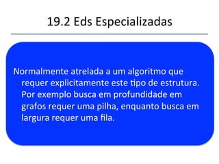 19.2'EDs'de'Propósito'Geral' 
''' 
ED Busca Inserção Deleção Atravessar 
Matriz' O(N)' O(1)' O(N)' n' 
Matriz'Ordenada' 
O(log(N))' O(N)' O(N)' O(N)' 
' 
Lista'ligada' O(N)' O(1)' O(N)' n' 
Lista'ligada'ordenada' O(N)' O(N)' O(N)' O(N)' 
Árvore'binária'(Média)' O(log(N))' 
' 
O(log(N))' 
' 
O(log(N))' 
' 
O(N)' 
' 
Árvore'binária'(Pior'caso)' 
' 
O(N)' O(N)' O(N)' O(N)' 
Tabela'hash' O(1)' O(1)' O(1)' n' 
 