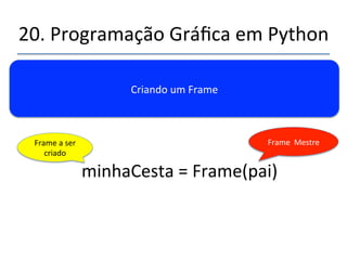 20.'Programação'Gráfica'em'Python' 
''' 
Objetos'gráficos'de'trabalho.' 
Containers' 
widgets' 
Canvas' Frames' 
 