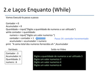 2.e'Laços'Enquanto'(While)' 
Vamos'Executánlo'passo'a'passo:' 
' 
Contador'='0'''''''''''''''''''''''''''''''''''''''''''' 
Acumulador'='0'''''''''''''''''''''''''''''''''''''''' 
Quan>dade'='input(“Digite'a'quan>dade'de'numeros'a'ser'u>lizada”)' 
while'contador'<'quan>dade:' 
'numero'='input(“Digite'um'valor'numerico'“)' 
'contador'='contador'+'1' 
'acumulador'='acumulador'+'numero' 
print''“A'soma'total'dos'numeros'fornecidos'eh'“,Acumulador' 
Variáveis' Saída'no'Vídeo' 
Contador':'3' 
Acumulador:'6' 
Quan>dade:'3' 
numero':'6'' 
' 
Digite'a'quan>dade'de'numeros'a'ser'u>lizada'3' 
Digite'um'valor'numerico'2' 
Digite'um'valor'numerico'4' 
Digite'um'valor'numerico'6''' 
'' 
Passo'14:'contador'incrementado' 
 