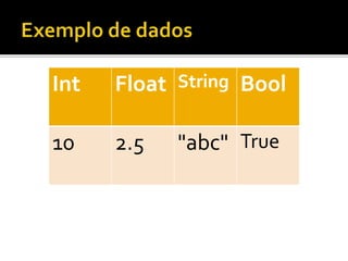 Int Float String Bool
10 2.5 "abc" True
 