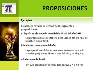 PROPOSICIONES
Ejemplos:

Establecer el valor de verdad de las siguientes
proposiciones:
q: España es el campeón mundial de fútbol del año 2010.
    Esta proposición es verdadera, pues España ganó la final de
    fútbol en el año 2010.
t: Junio es el quinto mes del año.
    La proposición es falsa. Al enumerar los meses se puede
    apreciar que junio es el sexto mes del año y no el quinto.

r: 2 elevado a la 3 es 8.

    23= 8, la proposición es verdadera porque 2 X 2 X 2 = 8.
 