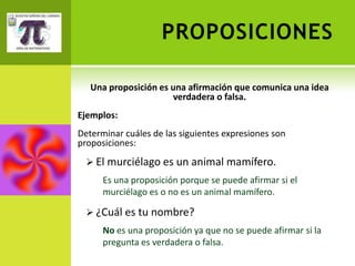 PROPOSICIONES

   Una proposición es una afirmación que comunica una idea
                      verdadera o falsa.
Ejemplos:
Determinar cuáles de las siguientes expresiones son
proposiciones:
   El murciélago es un animal mamífero.
      Es una proposición porque se puede afirmar si el
      murciélago es o no es un animal mamífero.

   ¿Cuál es tu nombre?
      No es una proposición ya que no se puede afirmar si la
      pregunta es verdadera o falsa.
 