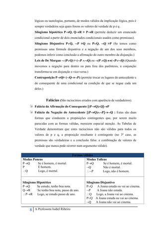 8 A Professora Isabel Ribeiro
lógicas ou tautologias, portanto, de modos válidos da implicação lógica, pois é
sempre verdadeira seja quais forem os valores de verdade de p e q .
Silogismo hipotético PQ, QR PR (permite deduzir um enunciado
condicional a partir de dois enunciados condicionais usados como premissas).
Silogismo Disjuntivo PQ, P Q ou PQ, Q P (Se temos como
premissas uma fórmula disjuntiva e a negação de um dos seus membros,
podemos inferir como conclusão a afirmação do outro membro da disjunção.)
Leis de De Morgan  (PQ) (P Q) ou (P Q) (PQ) (Quando
movemos a negação para dentro ou para fora dos parêntesis, a conjunção
transforma-se em disjunção e vice-versa.)
Contraposição PQ (QP) (permite trocar os lugares do antecedente e
do consequente de uma condicional na condição de que se negue cada um
deles.)
Falácias (São raciocínios errados com aparência de verdadeiros).
Falácia da Afirmação do Consequente (PQ)QP
Falácia da Negação do Antecedente (PQ)PQ : Estas são duas
formas que conduzem a proposições contingentes que, por serem muito
parecidas com as formas válidas, merecem especial atenção. As Tabelas de
Verdade demonstram que estes raciocínios não são válidos para todos os
valores de p e q, a proposição resultante é contingente (no 3º caso, as
premissas são verdadeiras e a conclusão falsa: a combinação de valores de
verdade que nunca pode ocorrer num argumento válido).
Formas válidas
Modus Ponens
PQ Se é homem, é mortal.
P É homem.
Q Logo, é mortal.
Modus Tollens
PQ Se é homem, é mortal.
Q Não é mortal.
P Logo, não é homem.
Silogismo Hipotético
PQ Se estudo, tenho boa nota.
QR Se tenho boa nota, passo de ano.
PR Logo, se estudo passo de ano.
Silogismo Disjuntivo
PQ A Joana estuda ou vai ao cinema.
P A Joana não estuda.
Q Logo, a Joana vai ao cinema.
PQ A Joana estuda ou vai ao cinema.
Q A Joana não vai ao cinema.
 