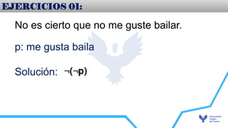 EJERCICIOS 01:
No es cierto que no me guste bailar.
p: me gusta baila
Solución:
 