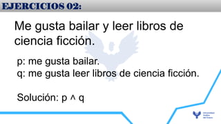 EJERCICIOS 02:
Me gusta bailar y leer libros de
ciencia ficción.
p: me gusta bailar.
q: me gusta leer libros de ciencia ficción.
Solución: p q
˄
 