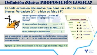 Es toda expresión declarativa que tiene un valor de verdad : o
bien es Verdadero (V ) o bien es falso ( F )
De los siguientes ejemplos ¿ Cuales de
los enunciados son proposiciones
lógicas?
Él es un muñeco de madera …….. ( )
Perú es anfitrión de III Cumbre del ASPA … ( )
Quito es la capital de Venezuela ………... ( )
Las proposiciones lógicas se representan mediante letras minúsculas
del abecedario: p , q , r , s, … , a las cuales se les denomina variables
proposicionales
Ejemplo : p : el río amazonas es el río más largo del mundo V ( p) = V
Definición ¿Qué es PROPOSICIÓN LOGICA?
 