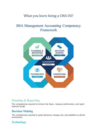 What you learn being a CMA US?
IMA Management Accounting Competency
Framework
Planning & Reporting
The competencies required to envision the future, measure performance, and report
financial results.
Decision Making
The competencies required to guide decisions, manage risk, and establish an ethical
environment.
Technology
 