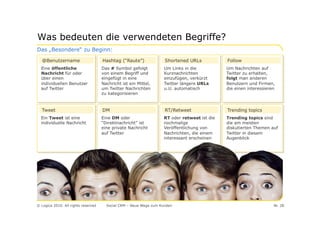 Was bedeuten die verwendeten Begriffe?
Das „Besondere“ zu Beginn:
   @Benutzername                     Hashtag (“Raute”)              Shortened URLs           Follow
  Eine öffentliche                   Das # Symbol gefolgt          Um Links in die           Um Nachrichten auf
  Nachricht für oder                 von einem Begriff und         Kurznachrichten           Twitter zu erhalten,
  über einen                         eingefügt in eine             einzufügen, verkürzt      folgt man anderen
  individuellen Benutzer             Nachricht ist ein Mittel,     Twitter längere URLs      Benutzern und Firmen,
  auf Twitter                        um Twitter Nachrichten        u.U. automatisch          die einen interessieren
                                     zu kategorisieren



   Tweet                             DM                             RT/Retweet               Trending topics
  Ein Tweet ist eine                 Eine DM oder                  RT oder retweet ist die   Trending topics sind
  individuelle Nachricht             “Direktnachricht” ist         nochmalige                die am meisten
                                     eine private Nachricht        Veröffentlichung von      diskutierten Themen auf
                                     auf Twitter                   Nachrichten, die einem    Twitter in diesem
                                                                   interessant erscheinen    Augenblick




© Logica 2010. All rights reserved     Social CRM – Neue Wege zum Kunden                                           Nr. 28
 