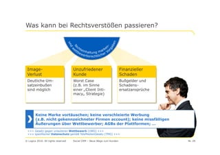 Was kann bei Rechtsverstößen passieren?




 Image-                              Unzufriedener                       Finanzieller
 Verlust                             Kunde                               Schaden
 Deutliche Um-                       Worst Case                          Bußgelder und
 satzeinbußen                        (z.B. im Sinne                      Schadens-
 sind möglich                        einer „Client Inti-                 ersatzansprüche
                                     macy„ Strategie)




        Keine Marke vortäuschen; keine verschleierte Werbung
        (z.B. nicht gekennzeichneter Firmen account); keine missfälligen
        Äußerungen über Wettbewerber; AGBs der Plattformen; …
 +++ Gesetz gegen unlauteren Wettbewerb (UWG) +++
 +++ spezifischer Datenschutz gemäß TeleMedienGesetz (TMG) +++

© Logica 2010. All rights reserved   Social CRM – Neue Wege zum Kunden                     Nr. 29
 