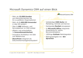 Microsoft Dynamics CRM auf einen Blick

   • Mehr als 23.000 Kunden
      von Kleinunternehmen bis
      hin zu größeren Organisationen
   • Mehr als 1.400.000 Anwender                                     • Vollständige CRM-Suite mit
      in über 80 Ländern                                                 Marketing, Vertrieb und Service
   • Über 1.200 Software- und                                        • Hochgradig flexibel anzupassen
      Servicepartner im CRM Umfeld                                   • In Microsoft Office integrierte
   • effektiv und wirtschaftlich                                         Anwendung für rasche
          Innovationssicherheit                                          Benutzerakzeptanz
   • Innovative Architektur mit SOA                                  • 100%ige Outlook Mailintegration
      und Webservices                                                • Mehrsprachigkeit mit 40+
   • SharePoint integriert als                                           Sprachen
      Dokumentenmanagementsystem!




© Logica 2010. All rights reserved   Social CRM – Neue Wege zum Kunden                                     Nr. 7
 