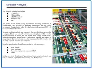 Strategic Analysis

The scenarios modeled may include:
            A single DC
            Multiple DCs
            3PL Management
            Cross-docking
            etc.

The results include facility sizing requirements, modeling operational &
transportation costs, resource & equipment requirements and all capital
investments. Once evaluated and reviewed a Return-on-Investment (ROI) will
be calculated for each scenario.

We understand the amplitude and importance that these decisions represent for
a company. This is why we work hard at incorporating the most data possible
in our evaluations to ensure that our models most closely reflect reality.
Before investing large sums of money it is important to collect and analyze as
many relevant decision factors as possible to create and model scenarios that
are easily adjusted, evaluated and compared.

Some key questions that should be answered prior to investment are:

             Cost to build?
             Cost to operate?
             Resource requirements and availability?
             ROI?

For the answers to these types of questions and more contact us today to see
how we can work together towards achieving YOUR objectives.
 