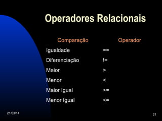 21/03/14 21
Operadores Relacionais
Comparação Operador
Igualdade ==
Diferenciação !=
Maior >
Menor <
Maior Igual >=
Menor Igual <=
 
