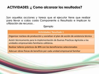 ACTIVIDADES: ¿ Como alcanzar los resultados?


Son aquellas acciones y tareas que el ejecutor tiene que realizar
para llevar a cabo cada Componente o Resultado e implican la
utilización de recursos .
                            Ejemplo

                               Actividades/ Resultado 1
 Organizar núcleos de producción y socializar el plan de acción de asistencia técnica
 Asistir técnicamente para la implementación de Buenas Practicas Agrícolas a las
 unidades empresariales familiares cafeteras.
 Realizar talleres prácticos de BPA con los beneficiarios seleccionados
 Adecuar obras físicas de beneficio por cada unidad empresarial familiar
 