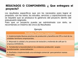 RESULTADOS O COMPONENTES: ¿ Que entregara el
proyecto?
Los resultados específicos que son los necesarios para lograr el
propósito, son las obras, los estudios, servicios y capacitaciones que
se requiere que se produzca la gerencia del proyecto dentro del
presupuesto asignado.
Para que un proyecto pueda ser administrado con éxito, se
recomienda un máximo de cinco (5) Resultados

                                    Ejemplo
                       Resultados/ Productos/ Componentes
 1. Implementadas Buenas practicas de producción y beneficio de CPS a nivel de las
 unidades familiares empresariales.
 2. Mejorada la calidad y los procesos de tostación y molienda de café por la
 empresa CAFEDECOL.
 3. Fortalecida la Asociatividad en los eslabones producción- acopio-
 transformación- comercialización.
 4. Diseñada e implementada una estrategia comercial para penetrar nuevos
 mercados.
 
