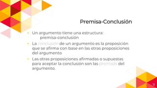 11
Premisa-Conclusión
◂ Un argumento tiene una estructura:
premisa-conclusión
◂ La conclusión de un argumento es la proposición
que se afirma con base en las otras proposiciones
del argumento
◂ Las otras proposiciones afirmadas o supuestas
para aceptar la conclusión son las premisas del
argumento.
 