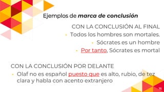 16
Ejemplos de marca de conclusión
CON LA CONCLUSIÓN AL FINAL
◂ Todos los hombres son mortales.
◂ Sócrates es un hombre
◂ Por tanto, Sócrates es mortal
CON LA CONCLUSIÓN POR DELANTE
◂ Olaf no es español puesto que es alto, rubio, de tez
clara y habla con acento extranjero
 