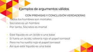 23
Ejemplos de argumentos válidos
CON PREMISAS Y CONCLUSIÓN VERDADERAS
◂ Todos los hombres son mortales
◂ Sócrates es un hombre
◂ Por tanto, Sócrates es mortal
◂ Este líquido es un ácido o una base
◂ Si fuera un ácido, volvería rojo el papel tornasol
◂ Pero no ha vuelto rojo el papel tornasol
◂ Así que este líquido es una base
 