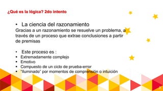 3
¿Qué es la lógica? 2do intento
• La ciencia del razonamiento
Gracias a un razonamiento se resuelve un problema, a
través de un proceso que extrae conclusiones a partir
de premisas
• Este proceso es :
 Extremadamente complejo
 Emotivo
 Compuesto de un ciclo de prueba-error
 “Iluminado” por momentos de comprensión o intuición
 