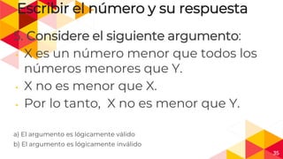 35
Escribir el número y su respuesta
5. Considere el siguiente argumento:
◂ X es un número menor que todos los
números menores que Y.
◂ X no es menor que X.
◂ Por lo tanto, X no es menor que Y.
a) El argumento es lógicamente válido
b) El argumento es lógicamente inválido
 