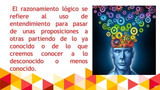 47
El razonamiento lógico se
refiere al
entendimiento
uso de
para pasar
otras partiendo de lo
de unas proposiciones a
ya
conocido o
creemos conocer
de lo que
a lo
menosdesconocido o
conocido.
 