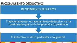El inductivo va de lo particular a lo general.
Tradicionalmente, el razonamiento deductivo, se ha
considerado que va de lo general a lo particular
RAZONAMIENTO DEDUCTIVO
RAZONAMIENTO DEDUCTIVO
 