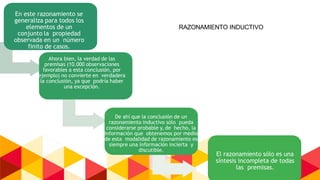 En este razonamiento se
generaliza para todos los
elementos de un
conjunto la propiedad
observada en un número
finito de casos.
Ahora bien, la verdad de las
premisas (10.000 observaciones
favorables a esta conclusión, por
ejemplo) no convierte en verdadera
la conclusión, ya que podría haber
una excepción.
De ahí que la conclusión de un
razonamiento inductivo sólo pueda
considerarse probable y, de hecho, la
información que obtenemos por medio
de esta modalidad de razonamiento es
siempre una información incierta y
discutible.
El razonamiento sólo es una
síntesis incompleta de todas
las premisas.
RAZONAMIENTO INDUCTIVO
 
