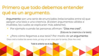 Primero que todo debemos entender
qué es un argumento.
Argumento: son una serie de enunciados (relacionados entre sí) que
apoyan una tesis o una creencia. (Existen argumentos válidos e
inválidos; los cuales se explicarán más adelante).
◂ Por ejemplo cuando las personas afirman: “Dios me creó”.
(Esta es la creencia o la tesis)
◂ ¿Pero cómo llegamos a esa tesis? Por medio de un argumento:
Dios creó a todos los seres vivos, yo soy un ser vivo; por lo tanto, Dios me creó.
9
Todo lo anterior es el argumento
 