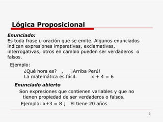 Lógica Proposicional Enunciado abierto Son expresiones que contienen variables y que no tienen propiedad de ser verdaderos o falsos. Ejemplo: x+3 = 8 ;  El tiene 20 años Enunciado: Es toda frase u oración que se emite. Algunos enunciados indican expresiones imperativas, exclamativas, interrogativas; otros en cambio pueden ser verdaderos  o falsos.  Ejemplo: ¿Qué hora es?  ,  ¡Arriba Perú! La matemática es fácil.  x + 4 = 6 