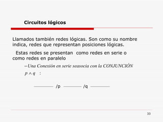 Circuitos lógicos Llamados también redes lógicas. Son como su nombre indica, redes que representan posiciones lógicas. Estas redes se presentan  como redes en serie o como redes en paralelo /p  /q 