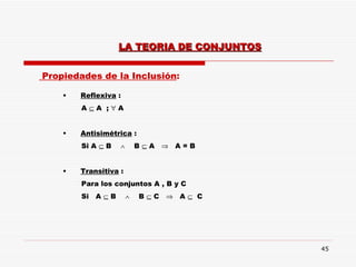 Propiedades de la Inclusión : Reflexiva  : A    A  ;    A Antisimétrica  : Si A    B     B    A     A = B  Transitiva  : Para los conjuntos A , B y C Si  A    B     B    C     A     C LA TEORIA DE CONJUNTOS 