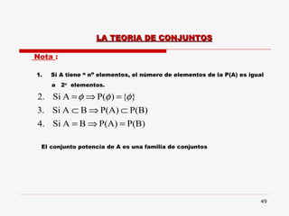 Nota  : Si A tiene “ n” elementos, el número de elementos de la P(A) es igual  a  2 n   elementos. LA TEORIA DE CONJUNTOS El conjunto potencia de A es una familia de conjuntos  