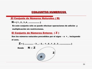 El Conjunto de Números Naturales (  N ) N  = { 1 , 2 , 3 ,4 , .................. } En este conjunto sólo se puede efectuar operaciones de adición  y multiplicación sin restricciones. CONJUNTOS NUMERICOS  El Conjunto de Números Enteros  (  Z  ) Son los números naturales precedidos por el signo  - o  + ,  incluyendo el cero.  Z  = { ............... – 3 , , - 2 , - 1 , 0 , 1 , 2 , 3 , .................. } Donde  N    Z   N Z 