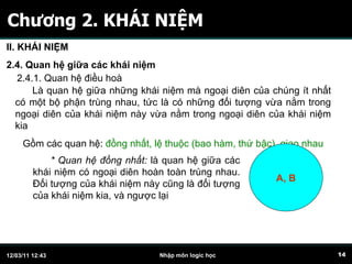 Chương 2. KHÁI NIỆM II. KHÁI NIỆM 2.4. Quan hệ giữa các khái niệm 2.4.1. Quan hệ điều hoà Là quan hệ giữa những khái niệm mà ngoại diên của chúng ít nhất có một bộ phận trùng nhau, tức là có những đối tượng vừa nằm trong ngoại diên của khái niệm này vừa nằm trong ngoại diên của khái niệm kia Gồm các quan hệ:  đồng nhất, lệ thuộc (bao hàm, thứ bậc), giao nhau * Quan hệ đồng nhất:  là quan hệ giữa các khái niệm có ngoại diên hoàn toàn trùng nhau. Đối tượng của khái niệm này cũng là đối tượng của khái niệm kia, và ngược lại A, B 