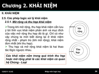 Chương 2. KHÁI NIỆM II. KHÁI NIỆM 2.5. Các phép logic xử lý khái niệm 2.5.1.  Mở rộng và thu hẹp khái niệm Trong khi mở rộng, thu hẹp khái niệm cần lưu ý tới lĩnh vực khái niệm phản ánh và mục đích của việc mở rộng thu hẹp đó là gì. Chỉ có như vậy chúng ta mới biết dừng lại ở khái niệm rộng nhất - phạm trù (khi mở rộng), khái niệm đơn nhất (khi thu hẹp). Thu hẹp và mở rộng khái niệm là hai thao tác lôgíc ngược nhau. Các khái niệm nằm trong quá trình thu hẹp hoặc mở rộng phải là các khái niệm có quan hệ Ch ủng - Loại Thu hẹp Mở rộng 
