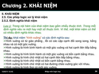 Chương 2. KHÁI NIỆM L ưu ý:  Trong nội hàm của khái niệm bao gồm nhiều thuộc tính. Trong mỗi định nghĩa nêu ra một hay một số thuộc tính. Vì thế, một khái niệm có thể có nhiều định nghĩa khác nhau.  Th í dụ:  khái niệm  “hình vuông”  có các định nghĩa sau: Hình vuông có tứ giác phẳng , lồi có các cặp cạnh đối song song, bằng nhau và có một góc vuông. Hình vuông là hình bình hành có một góc vuông và hai cạnh liên tiếp bằng nhau. Hình vuông là hình bình hành có một góc vuông và bốn cạnh bằng nhau. Hình vuông là hình chữ nhật có hai cạnh liên tiếp bằng nhau. Hình vuông là hình chữ nhật có bốn cạnh bằng nhau. Hình vuông là hình chữ nhật có hai đường chéo vuông góc với nhau. Hình vuông là hình thoi có một góc vuông. II. KHÁI NIỆM 2.5. Các phép logic xử lý khái niệm 2.5.2. Định nghĩa khái niệm 