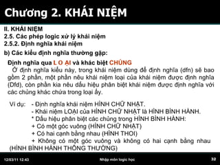 Chương 2. KHÁI NIỆM Định nghĩa qua   LO ẠI  và khác biệt  CHỦNG Ở định nghĩa kiểu này, trong khái niệm dùng để định nghĩa (dfn) sẽ bao gồm 2 phần, một phần nêu khái niệm loại của khái niệm được định nghĩa (Dfd), còn phần kia nêu dấu hiệu phân biệt khái niệm được định nghĩa với các chủng khác chứa trong loại ấy. Ví dụ:  - Định nghĩa khái niệm HÌNH CHỮ NHẬT. - Khái niệm LOẠI của HÌNH CHỮ NHẬT là HÌNH BÌNH HÀNH. * Dấu hiệu phân biệt các chủng trong HÌNH BÌNH HÀNH: + Có một góc vuông (HÌNH CHỮ NHẬT) + Có hai cạnh bằng nhau (HÌNH THOI) + Không có một góc vuông và không có hai cạnh bằng nhau (HÌNH BÌNH HÀNH THÔNG THƯỜNG) b) Các kiểu định nghĩa thường gặp:   II. KHÁI NIỆM 2.5. Các phép logic xử lý khái niệm 2.5.2. Định nghĩa khái niệm 