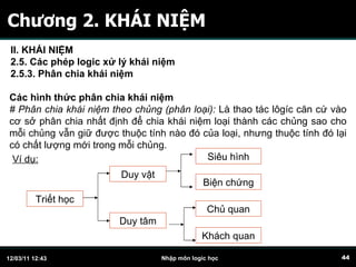 Chương 2. KHÁI NIỆM Các hình thức phân chia khái niệm # Phân chia khái niệm theo chủng (phân loại):  Là thao tác lôgíc căn cứ vào cơ sở phân chia nhất định để chia khái niệm loại thành các chủng sao cho mỗi chủng vẫn giữ được thuộc tính nào đó của loại, nhưng thuộc tính đó lại có chất lượng mới trong mỗi chủng. Ví dụ: Triết học Duy vật Duy tâm Siêu hình Biện chứng Chủ quan Khách quan II. KHÁI NIỆM 2.5. Các phép logic xử lý khái niệm 2.5.3. Phân chia khái niệm   