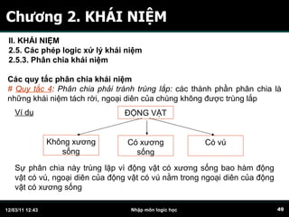 Chương 2. KHÁI NIỆM Các quy tắc phân chia khái niệm #  Quy tắc 4 : Phân chia phải tránh trùng lắp:  các thành phần phân chia là những khái niệm tách rời, ngoại diên của chúng không được trùng lắp  Ví dụ ĐỘNG VẬT Sự phân chia này trùng lặp vì động vật có xương sống bao hàm động vật có vú, ngoại diên của động vật có vú nằm trong ngoại diên của động vật có xương sống  II. KHÁI NIỆM 2.5. Các phép logic xử lý khái niệm 2.5.3. Phân chia khái niệm   Không xương sống Có xương sống Có vú 