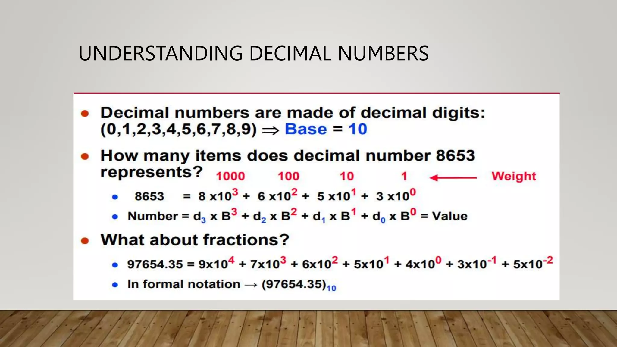 UNDERSTANDING DECIMAL NUMBERS
● Decimal numbers are made of decimal digits: (0,1,2,3,4,5,6,7,8,9) Base/Radix = 10
● How many items does decimal number 8653 represents?
● 8653 = 8 x103 + 6 x102 + 5 x101 + 3 x100 ● Number = d3 x B3 + d2 x B2 + d1 x B1 +
d0 x B0 = Value ● What about fractions? ● 97654.35 = 9x104 + 7x103 + 6x102 + 5x101 +
4x100 + 3x10-1 + 5x10-2 ● In formal notation → (97654.35)10
 