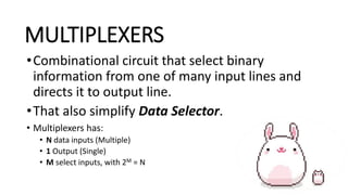 MULTIPLEXERS
•Combinational circuit that select binary
information from one of many input lines and
directs it to output line.
•That also simplify Data Selector.
• Multiplexers has:
• N data inputs (Multiple)
• 1 Output (Single)
• M select inputs, with 2M = N
 