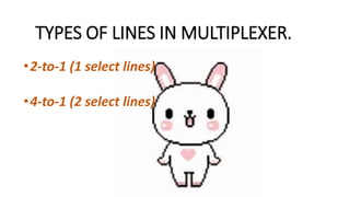TYPES OF LINES IN MULTIPLEXER.
•2-to-1 (1 select lines)
•4-to-1 (2 select lines)
 