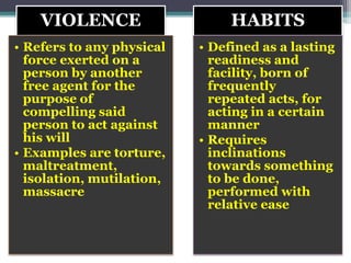 VIOLENCE
• Refers to any physical
force exerted on a
person by another
free agent for the
purpose of
compelling said
person to act against
his will
• Examples are torture,
maltreatment,
isolation, mutilation,
massacre
HABITS
• Defined as a lasting
readiness and
facility, born of
frequently
repeated acts, for
acting in a certain
manner
• Requires
inclinations
towards something
to be done,
performed with
relative ease
 