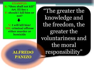 “The greater the
knowledge and
the freedom, the
greater the
voluntariness and
the moral
responsibility”ALFREDO
PANIZO
EXAMPLE:
K: “thou shall not kill”
Art. III Sec 1
F: should I kill him or
not?
V: I will kill him!
MR: criminal offense
either murder or
homicide
 