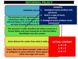 INFORMAL FALACY
INFROMAL FALLACY
The premises in this agument are true, but clearly the
conclusion is false. Is the defect a formal fallacy or an
informal fallacy? To see if this is actually a formal fallacy,
we have to break it down to its basic structure:r
This structure is valid; therefore the defect cannot be a
formal fallacy and must instead be an informal fallacy
identifiable from the content
Some distract the reader from what is really going on.
Some, like in the above example, make use of vagueness
or ambiguity to cause confusion. Some appeal to emotion
rather than logic and reason.
EXAMPLE:
1. Geological events produce rock.
(premise)
2. Rock is a type of music.
(premise)
3. Geological events produce music.
(conclusion)
ACTUAL CONTENT
1. A = B
2. B = C
3. A = C
 