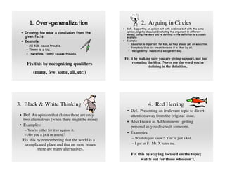 1. Over-generalization                                  2. Arguing in Circles
                                                 • Def: Supporting an opinion not with evidence but with the same
 • Drawing too wide a conclusion from the          opinion, slightly disguised (restating the argument in different
                                                   words). Using the word you’re deﬁning in the deﬁnition is a classic
   given facts                                     example.
 • Example:                                      • Example:
                                                    – Education is important for kids, so they should get an education.
    – All kids cause trouble.
                                                    – Everybody likes ice cream because it is liked by all.
    – Timmy is a kid.                               – “Belligerently” means in a belligerent way.
    – Therefore, Timmy causes trouble.
                                                  Fix it by making sure you are giving support, not just
     Fix this by recognizing qualiﬁers                 repeating the idea. Never use the word you’re
                                                                  deﬁning in the deﬁnition.
         (many, few, some, all, etc.)




3. Black & White Thinking                                            4. Red Herring
                                                    • Def. Presenting an irrelevant topic to divert
 • Def. An opinion that claims there are only         attention away from the original issue.
   two alternatives (when there might be more)
                                                    • Also known as Ad hominem: getting
 • Examples:                                          personal as you discredit someone.
   – You’re either for it or against it.
                                                    • Examples:
   – Are you a jock or a nerd?
                                                        – What do you know? You’re just a kid.
  Fix this by remembering that the world is a
   complicated place and that on most issues            – I got an F. Mr. X hates me.
            there are many alternatives.
                                                       Fix this by staying focused on the topic;
                                                             watch out for those who don’t.
 